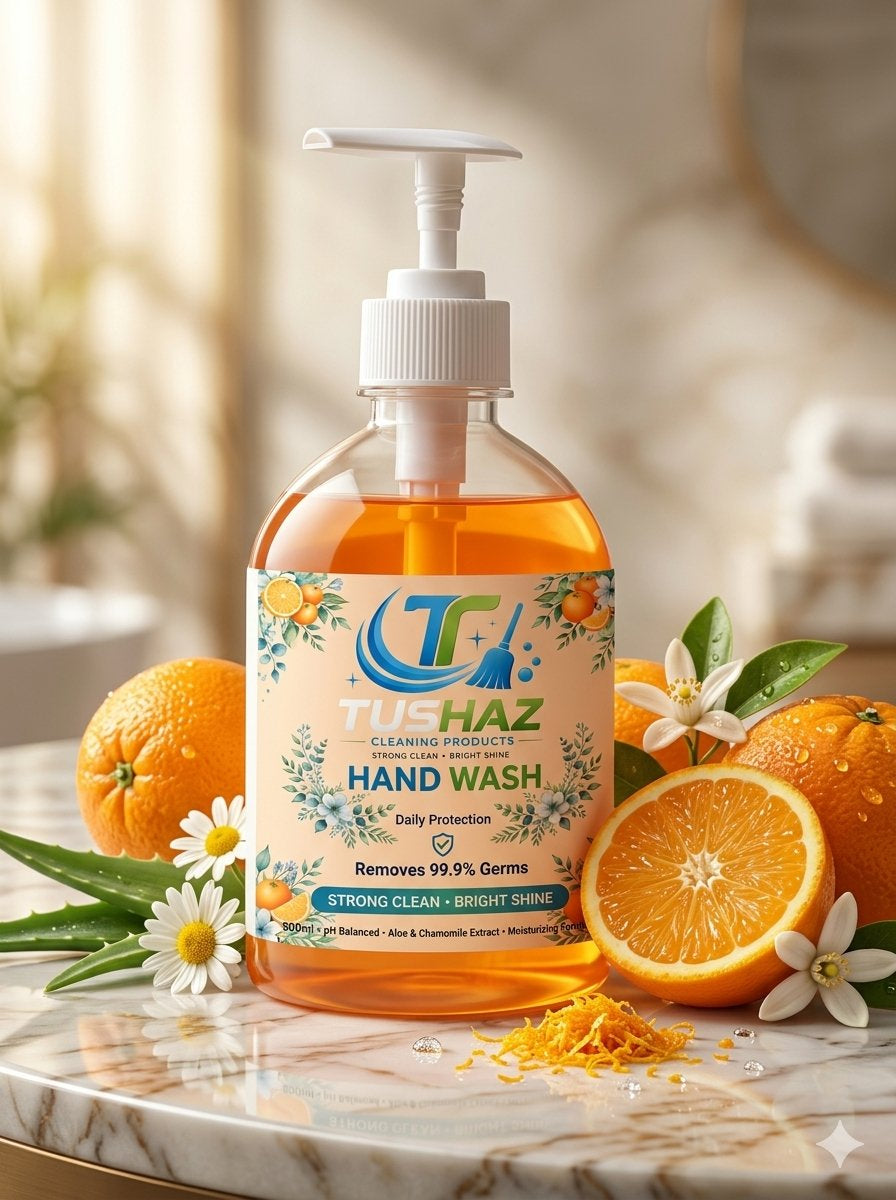 TUSHAZ Orange Citrus Hand Wash is a premium daily protection liquid soap designed to infuse your personal care routine with a vibrant, refreshing burst of energy. Packaged in a 500ml transparent bottle paired with an ergonomic white pump